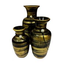 Trio Vasos Urnas Jad em Cerâmica Decorativas de Sala - Black Gold Trio Vasos Urnas Jad em Cerâmica Decorativas de Sala - Black Gold