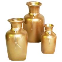 Trio Vasos Urnas Jad em Cerâmica Decorativas de Sala - Gold