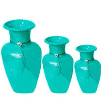 Trio Vasos Urnas Jad em Cerâmica Decorativas de Sala - Turquesa Trio Vasos Urnas Jad em Cerâmica Decorativas de Sala - Turquesa