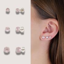 Trios de Brincos com Zircônia 4/5/6mm - Rosa - Prata 925