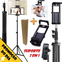 Tripé 2 Metros Pedestal Universal + Adaptador Suporte Clip Para Tablet Celular Smartphone Monope 2 em 1 Foto Vídeo
