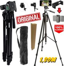 Tripé Câmera Profissional 1,80mts Universal Alumínio Suporte Smartphone Foto Gravação Vídeo Celular Nível Bolsa Gira 360