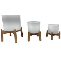 Tripé De Madeira Com Vasos P M G Cerâmica Branco Cilíndrico