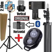 Tripé Grande 2,10m Suporte Adaptador Celular Universal Vertical Horizontal 360 Filmagem Fotos Vlog Disparador Bluetooth