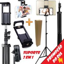 Tripé Pedestal 2,10m Profissional Suporte 2 em 1 Encaixe Para Celular e Tablet Apoio Universal Ajustável Rosca 1/4