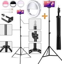 Tripé Profissional 2,10m Alumínio Câmera Suporte Celular Universal + Luz Led Ring Light Recarregável Foto Selfie Vídeo Tripé Profissional 2,10m Alumínio Câmera Suporte Celular Universal + Luz Led Ring Light Recarregável Foto Selfie Vídeo