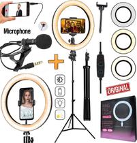 Tripé Profissional + Iluminador Anel Ring Light Led Portátil + Microfone de Lapela Acessórios Gravar Vídeo Youtuber Vlog