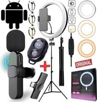 Tripé Profissional Microfone Sem Fio Android Anel Luz Led Iluminador Hing Light Youtuber Vlog Blogueiro Filmagem Celular Tripé Profissional Microfone Sem Fio Android Anel Luz Led Iluminador Hing Light Youtuber Vlog Blogueiro Filmagem Celular