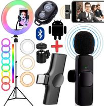 Tripé Profissional Suporte Celular Microfone de Lapela Sem Fio Tipo C Android Luz Led Iluminador Ring Light Colorido Rgb