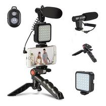 Tripé Suporte Celular Estabilizador Luz Led Microfone Com Controle Bluetooth Gravaçao
