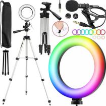 Tripé Universal Para Celular Luz Iluminador Led Rgb Ring Light Colorido Microfone de Lapela Pedestal Telescópico Câmera