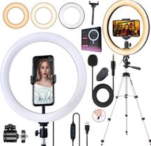 Tripé Universal Telescópico Microfone de Lapela Para Celular Luz Iluminador Ring Light 26cm Completo Gravação de Vídeo Tripé Universal Telescópico Microfone de Lapela Para Celular Luz Iluminador Ring Light 26cm Completo Gravação de Vídeo