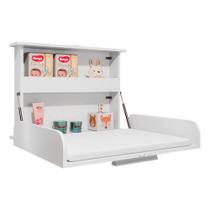 Trocador de Bebê de Parede Retrátil com Colchão Macio MDF Branco Multifuncional Compacto com Pistão a Gás e Prateleira para Quarto Infantil