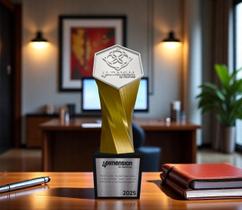 Troféu tipo taça com brasão da logo em resina