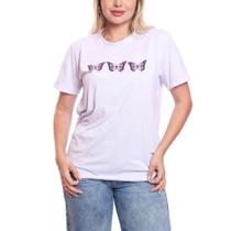 Tshirt Blusa Feminina 3 Borboletas Estampada Manga Curta Branca