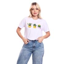 Tshirt Blusa Feminina Cactos Estampada Manga Curta Camiseta Camisa Branco
