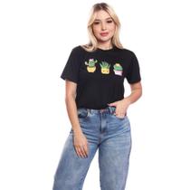 Tshirt Blusa Feminina Cactos Estampada Manga Curta Camiseta Camisa Preto