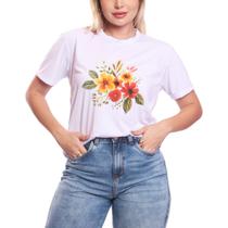 Tshirt Blusa Feminina Ramo de Flores Estampada Camisa Branca