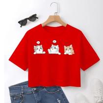 Tshirt Cropped Feminino Camiseta Curta Básica Verão Estampada Gato Gatinhos Tshirt Cropped Feminino Camiseta Curta Básica Verão Estampada Gato Gatinhos