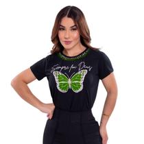 TShirt Feminina Preta Bordada Frase em Malha Fria Polifresh com Pedrarias Plus Size Moda Verão