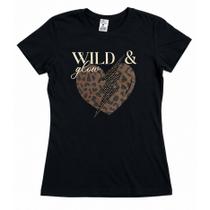TShirt Preta Wild Glow Coração Onça com Strass, Algodão Manga Curta Gola Redonda TShirt Preta Wild Glow Coração Onça com Strass, Algodão Manga Curta Gola Redonda