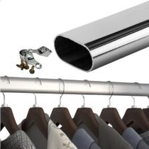Tubo Cabideiro 90CM Oval Suporte Cromado Guarda Roupas Arara
