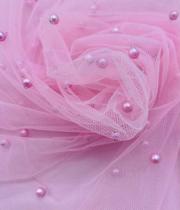 Tule com pérola na cor rosa bebê