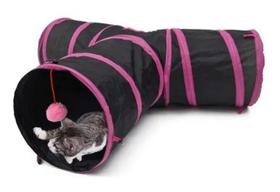 Túnel T Para Gatos Brinquedo Dobrável Com Bolinha - Preto e Rosa - Fox Pet