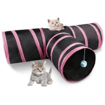 Túnel T Para Gatos Brinquedo Dobrável Com Bolinha - Preto e Rosa