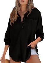Túnica Astylish Waffle Knit com decote em V Henley Black para mulheres