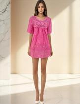 Túnica Bata Feminina Indiana Plus Size Rosa Bordada HC-58977