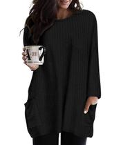 Túnica canelada de manga comprida Top RITERA Plus Size preta 2GG Túnica canelada de manga comprida Top RITERA Plus Size preta 2GG