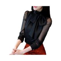 Túnica Feminina Branca e Preta - Manga Longa, Gola Alta com Laço e Chiffon Túnica Feminina Branca e Preta - Manga Longa, Gola Alta com Laço e Chiffon