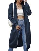 Túnica feminina com capuz ELESOL, casual, com zíper e lã, azul marinho