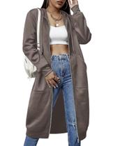 Túnica feminina com capuz ELESOL, casual, com zíper e lã, marrom, pequena