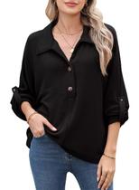 Túnica feminina elegante, casual, com botão, manga comprida, preta