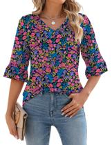 Túnica feminina LOMON, primavera, decote em V, manga 3/4, floral