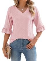 Túnica LOMON feminina de manga 3/4 com decote em V, blusa de primavera rosa claro