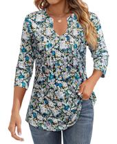 Túnica Uhiger, manga 3/4, decote em V, floral, elegante para mulheres