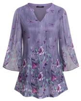 Túnica VALOLIA Roxa Floral Manga 3/4 Plus Size