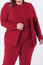 Twin Set Plus Size Canelado 2 Peças - Cardigan e T-shirt - Bordô Leila
