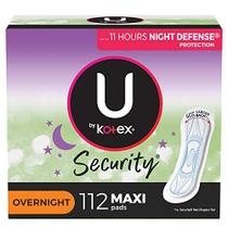U por Kotex Security Maxi Feminine Pads, Overnight Absorbency, Unscented, 112 Count (4 Packs of 28) (Embalagem Pode Variar)
