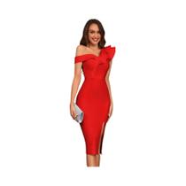 Um ombro babado dividido coxa bodycon midi elegante vestido de bandagem para festa coaktail
