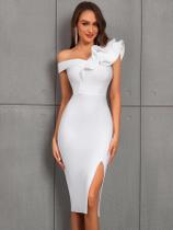 Um ombro babado dividido coxa bodycon midi elegante vestido de bandagem para festa coaktail