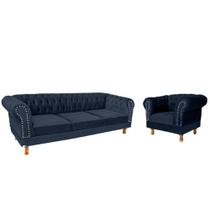 Um Sofá 1.80 + Uma Poltrona Chesterfield Duque Suede - Azul Marinho / Sala, Recepção, Barbearia, Decoração