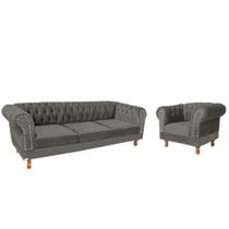 Um Sofá 1.80 + Uma Poltrona Chesterfield Duque Suede - Cinza Chumbo / Sala, Recepção, Barbearia, Decoração Um Sofá 1.80 + Uma Poltrona Chesterfield Duque Suede - Cinza Chumbo / Sala, Recepção, Barbearia, Decoração