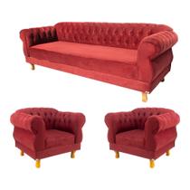 Um Sofá 1,80 + Duas Poltronas Chesterfield Elisabeth Suede - Bordo Um Sofá 1,80 + Duas Poltronas Chesterfield Elisabeth Suede - Bordo