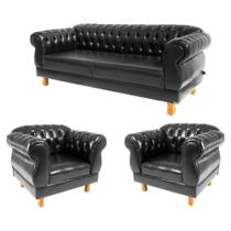 Um Sofá 1,80cm + Duas Poltronas Chesterfield Elisabeth - Corano Preto Um Sofá 1,80cm + Duas Poltronas Chesterfield Elisabeth - Corano Preto