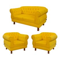 Um Sofá 1,80cm + Duas Poltronas Chesterfield Elisabeth Suede - Amarelo Um Sofá 1,80cm + Duas Poltronas Chesterfield Elisabeth Suede - Amarelo