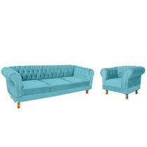 Um Sofá 2.30 + Uma Poltrona Chesterfield Duque Suede - Azul Turquesa / Sala, Recepção, Barbearia, Decoração
